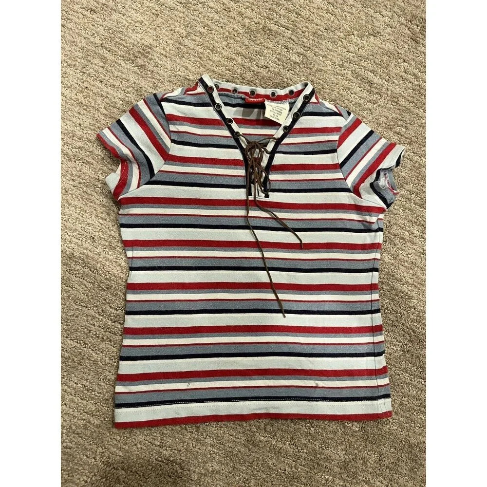 Vintage Mossimo Girls Size 4-5 Striped Lace Up T Shirt